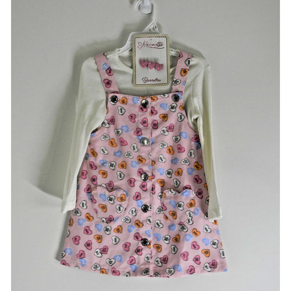 Nannette Girls Jumper Set Includes Barrettre Size 3T Pink Overalls Heart NWOT